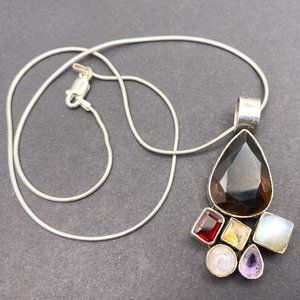 Smokey Quartz, Citrine Multi Gemstone 925 Sterling Silver Pendant & 16" Necklace